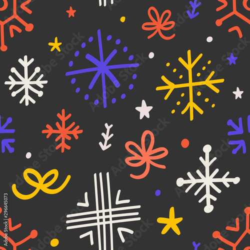 Abstract quirky seamless pattern for christmas celebration with hand drawn doodle snowflakes and ribbons. Modern cartoon winter backdrop for card, wrapping paper design.
