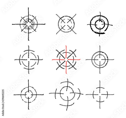 Set crosshairs coal, chalk. Hand drawing with a brush. silhouette, grunge. Target, aim. Vector elements on isolated background.