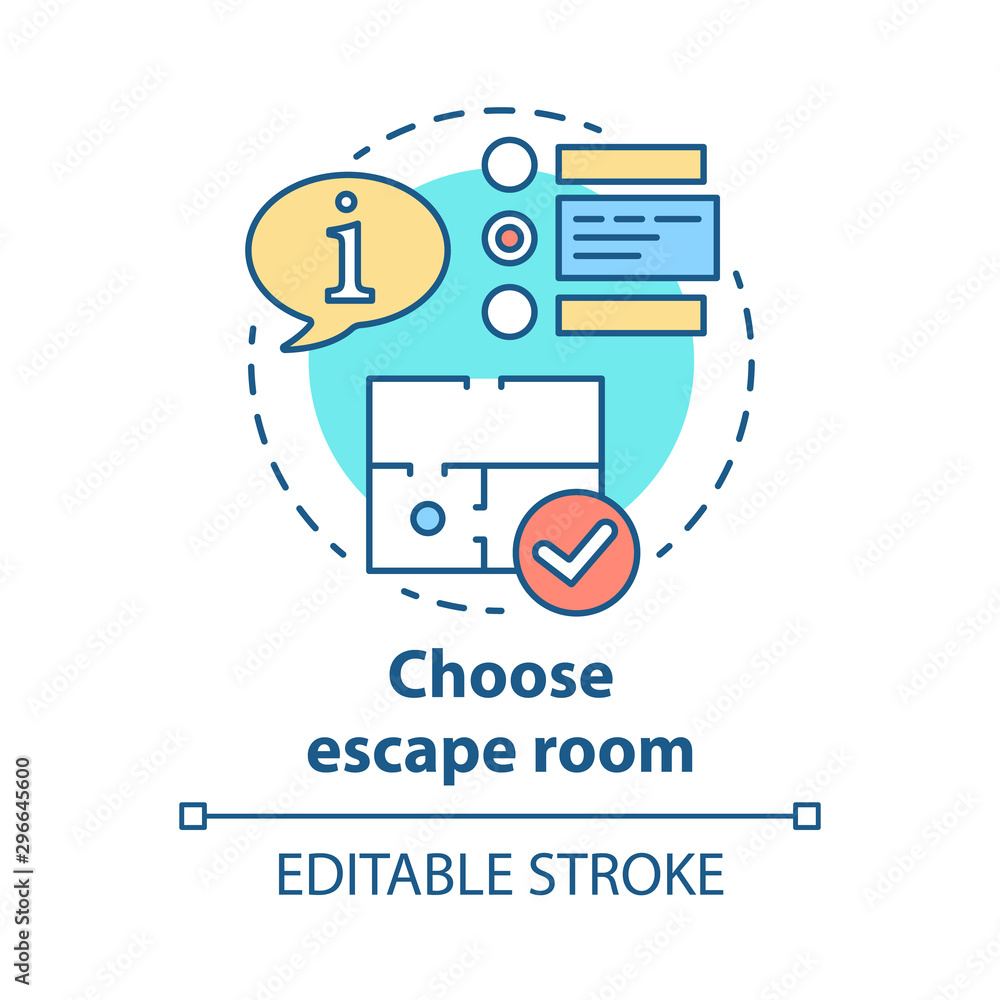 Choose escape room concept icon. Select quest type idea thin line illustration. Choice of strategy game. Comparing information and making decision. Vector isolated outline drawing. Editable stroke