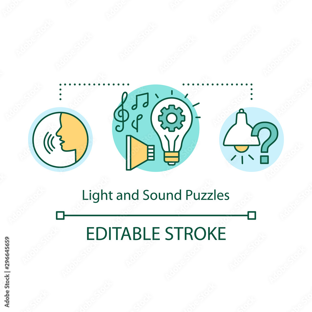 Light and sound puzzles concept icon. Interactive game idea thin line illustration. Audio and visual elements. Different types of puzzles. Vector isolated outline drawing. Editable stroke Light and sound puzzles concept icon. Interactive game idea thin line illustration. Audio and visual elements. Different types of puzzles. Vector isolated outline drawing. Editable stroke