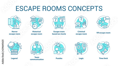Escape room concept icons set. Quest types idea thin line illustration. Strategy game collection. Puzzles and riddles solving pack. Vector isolated outline drawing. Editable stroke