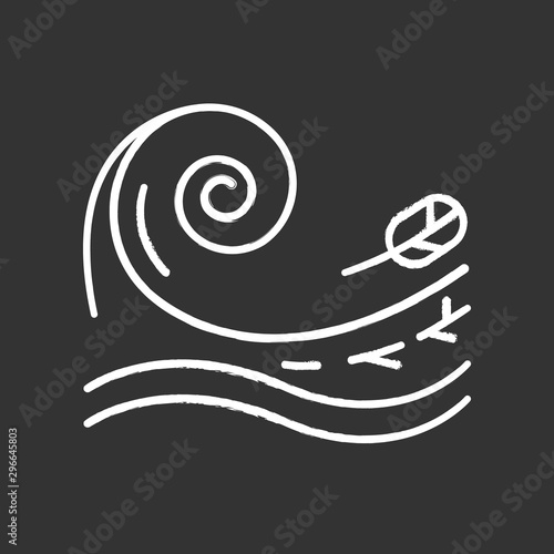 Tsunami chalk icon. Sea storm. Water splash. Groundswell. Tide. Flash flood. Sudden and destructive movement of water. Ocean heavy wave and leaf. Isolated vector chalkboard illustration
