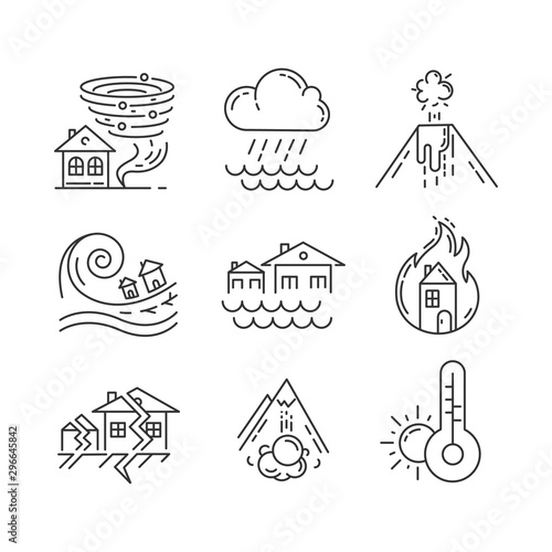 Natural disaster linear icons set. Earthquake, fire, tsunami, tornado, avalanche, flood, downpour, volcanic eruption. Thin line contour symbols. Isolated vector outline illustrations. Editable stroke