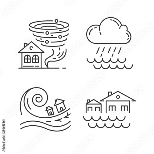 Natural disaster linear icons set. Global climate changes danger. Tornado, flood, downpour, tsunami. Thin line contour symbols. Isolated vector outline illustrations. Editable stroke