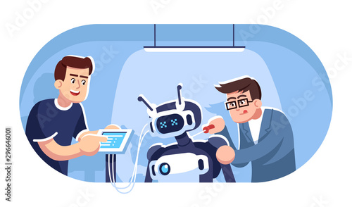 Engineers creating robot flat vector illustration. Robotics courses. Two students constructing mechanical person. Electronic technologies. Young men assembling droid cartoon characters
