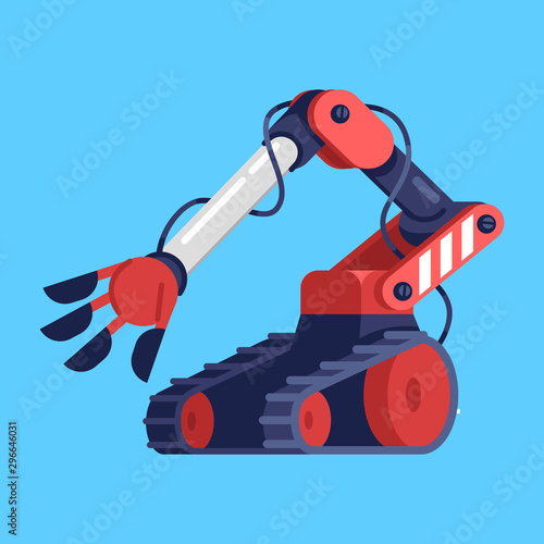 Robotic vehicle with manipulator arm flat vector illustration. Droid tracked car on remote control. Electronic equipment. Robot assistant. Isolated cartoon toy on blue background