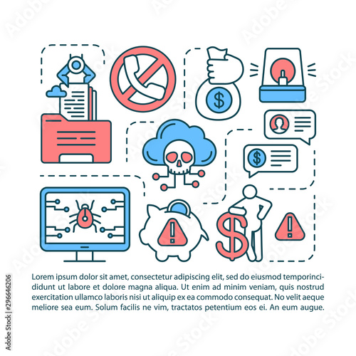 Attention scam article page vector template. Fraud warning brochure, booklet design element with linear icons. Stealing info. Internet crime. Print design. Concept illustrations with text