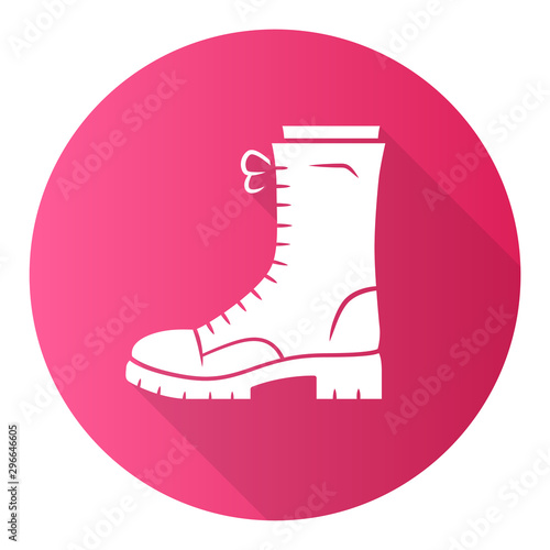 Military boots pink flat design long shadow glyph icon. Women army rough shoes. Female chunky footwear for fall, spring and winter season. Ladies clothing accessory. Vector silhouette illustration