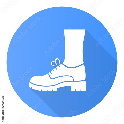 Chunky brogues blue flat design long shadow glyph icon. Women trendy oxford shoes side view. Lace ups, elegant footwear. Female fall, spring office wear fashion. Vector silhouette illustration