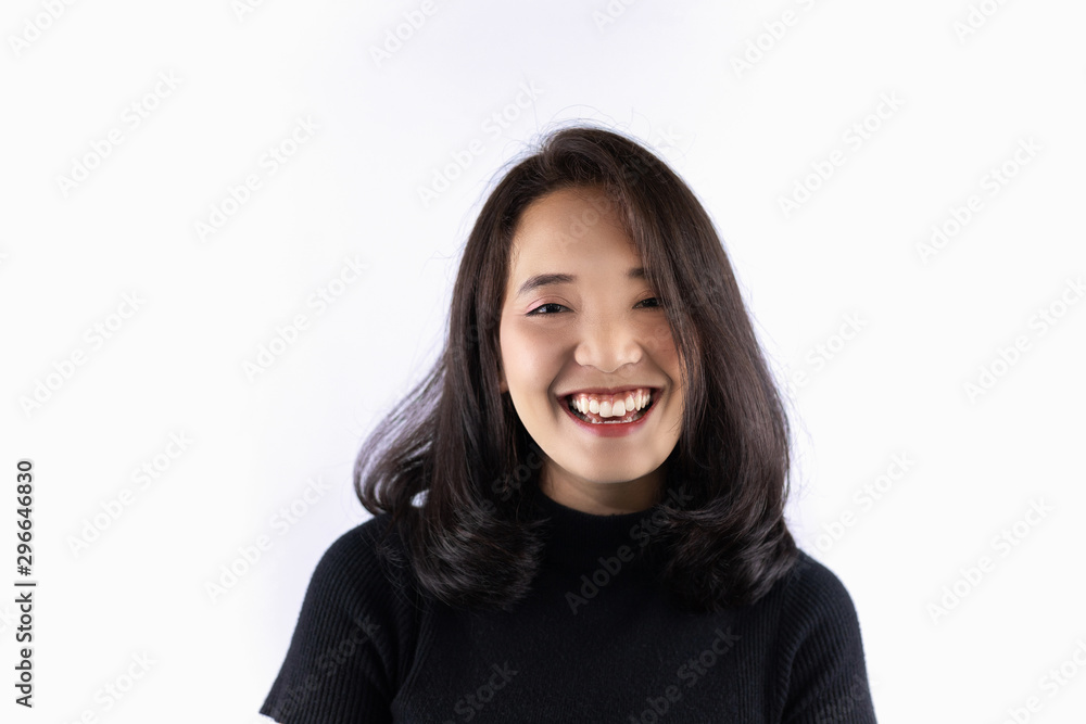 Short haired girl Wearing a black T-shirt Laughing joyfully on the White Blackground Short haired girl Wearing a black T-shirt Laughing joyfully on the White Blackground