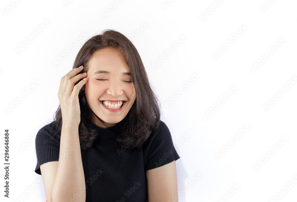 Short haired girl Wearing a black T-shirt Laughing joyfully on the White Blackground Short haired girl Wearing a black T-shirt Laughing joyfully on the White Blackground