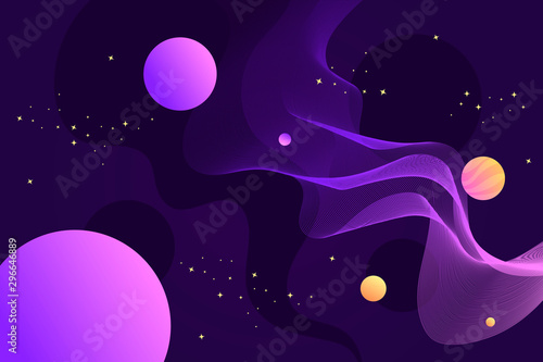 Horizontal abstract space vector banner. Universe, planets and stars. Milky Way. Cartoon illustration