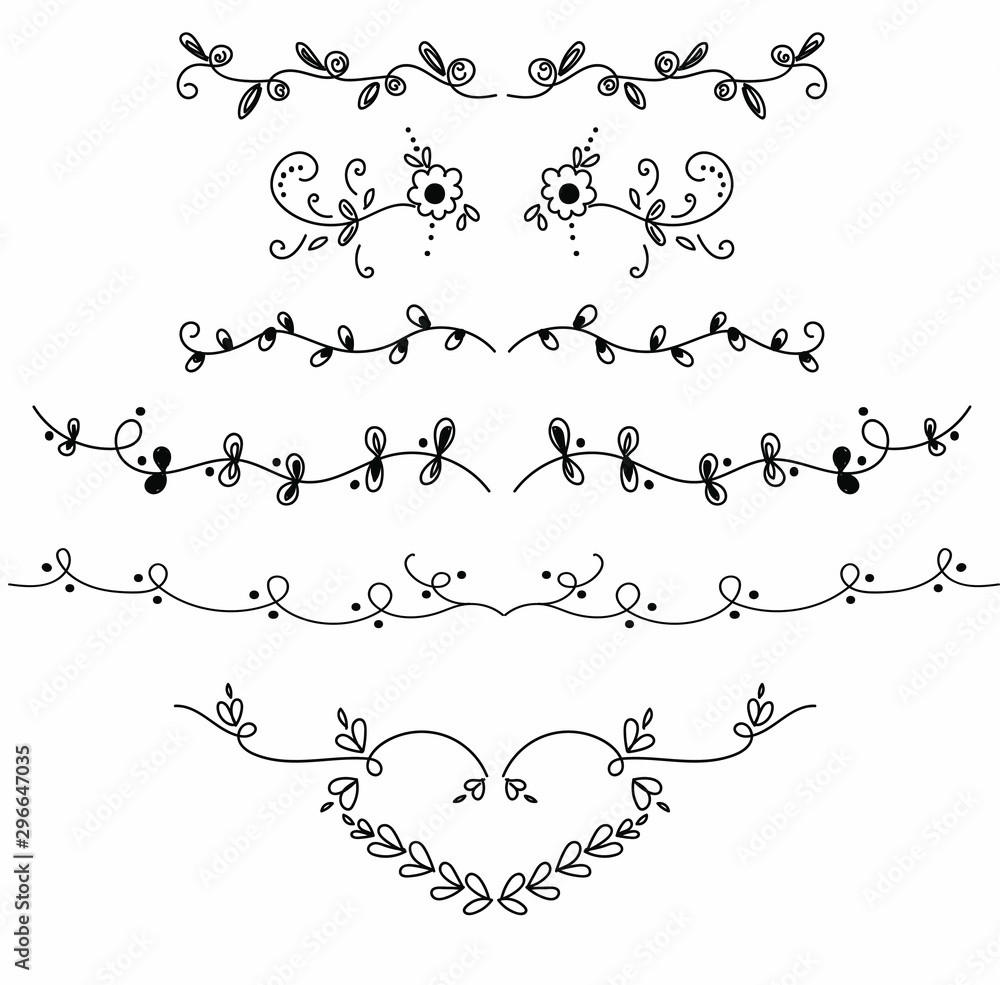 Wreath ornaments leaves vector with Ornaments. Set Collection of Vintage Ornament Elements. Hand drawn vector dividers. Doodle design elements. Decorative swirls dividers