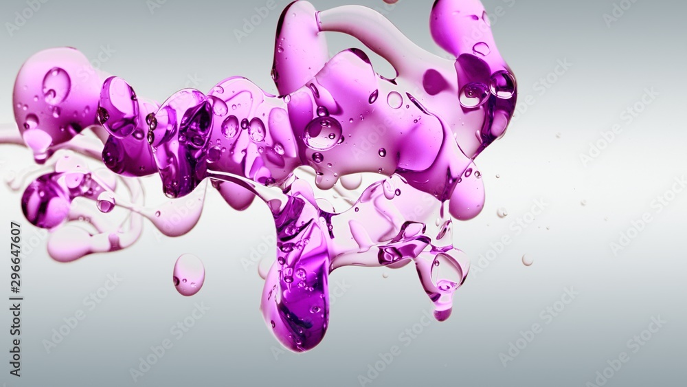 Fototapeta premium transparent purple, pink, violet oil bubbles and fluid shapes in purified water on a white gradient background. Side angle with crystal colored bubbles in purified water cosmetic backdrop with copy s