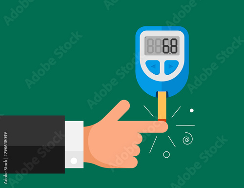 Blood glucose meter measuring sugar test control device. Electronic monitor glucometer with diabetic patient finger. Medical vector diabetes self control illusrtation