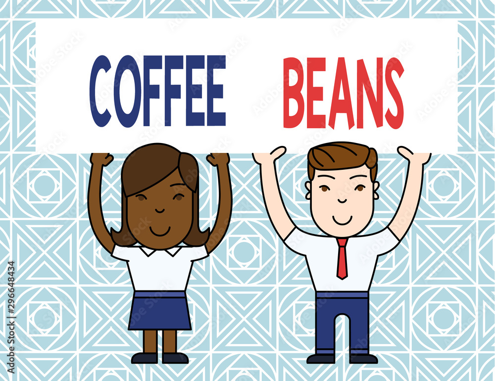 Word writing text Coffee Beans. Business photo showcasing pit inside the red or purple fruit often referred as a cherry Two Smiling People Holding Big Blank Poster Board Overhead with Both Hands Word writing text Coffee Beans. Business photo showcasing pit inside the red or purple fruit often referred as a cherry Two Smiling People Holding Big Blank Poster Board Overhead with Both Hands