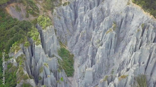 Aerial pan of the Putangirua Pinnacles in the Wellington region of New Zealand photo