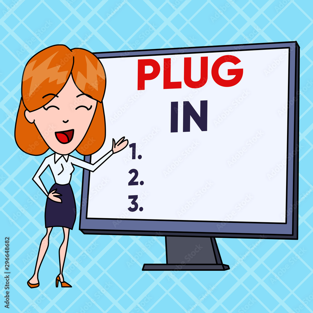 Text sign showing Plug In. Business photo text putting device into electricity to turn it on Power it Connecting White Female in Standing Pointing Blank Screen Whiteboard Presentation Text sign showing Plug In. Business photo text putting device into electricity to turn it on Power it Connecting White Female in Standing Pointing Blank Screen Whiteboard Presentation