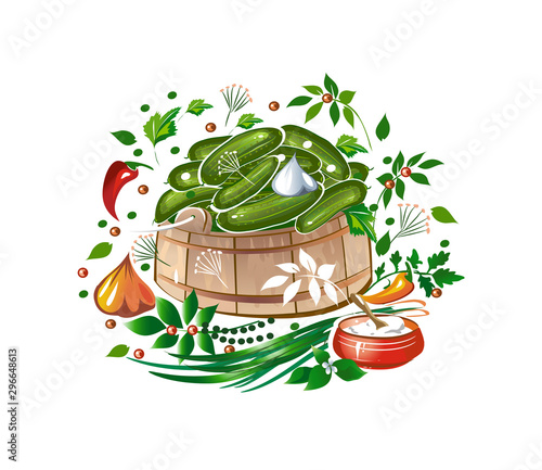 Pickles. Salted cucumbers in a wooden kit. Spices, herbs and seasonings. Vector illustration.