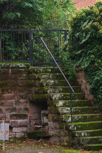 Die moosbewachsene Treppe eines alten Gemäuers beziehungsweise einer Burg. ..