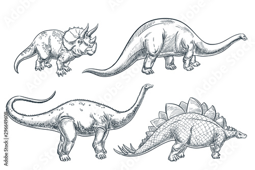 Dinosaurs isolated on white background. Vector hand drawn sketch illustration. Dino collection, print design elements