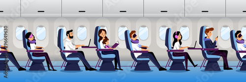 Airplane interior with traveling passengers, seamless horizontal background. People travel by plane. Vector illustration