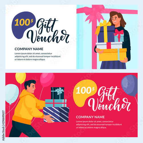 Gift card, voucher, certificate or coupon vector design template. Happy people with gift boxes. Discount banner layout