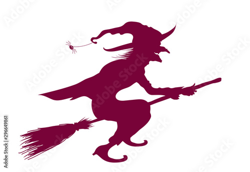 Halloween Karte mit Hexe die auf dem Besen fliegt, Hexe Silhouette,  Vektor Illustration isoliert auf schwarzem Hintergrund