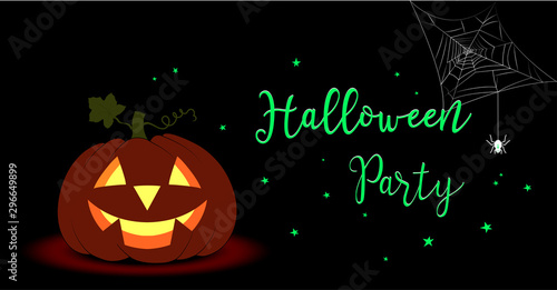 Halloween Einladungskarte zur Party, Banner mit Kürbis, Spinne und Sterne,  Vektor Illustration auf schwarzem Hintergrund