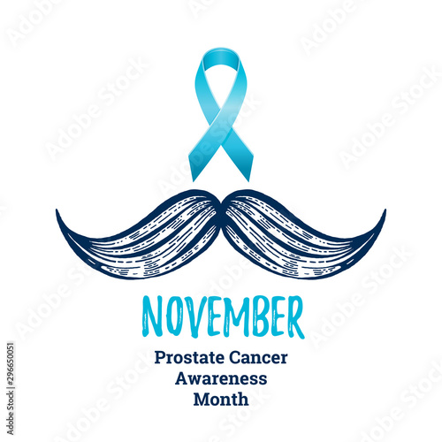Prostate cancer awareness ribbon with moustaches. Men health symbol. Men cancer prevention in November month. Blue color concept. Engraved, 3d cartoon vector illustration isolated on white background