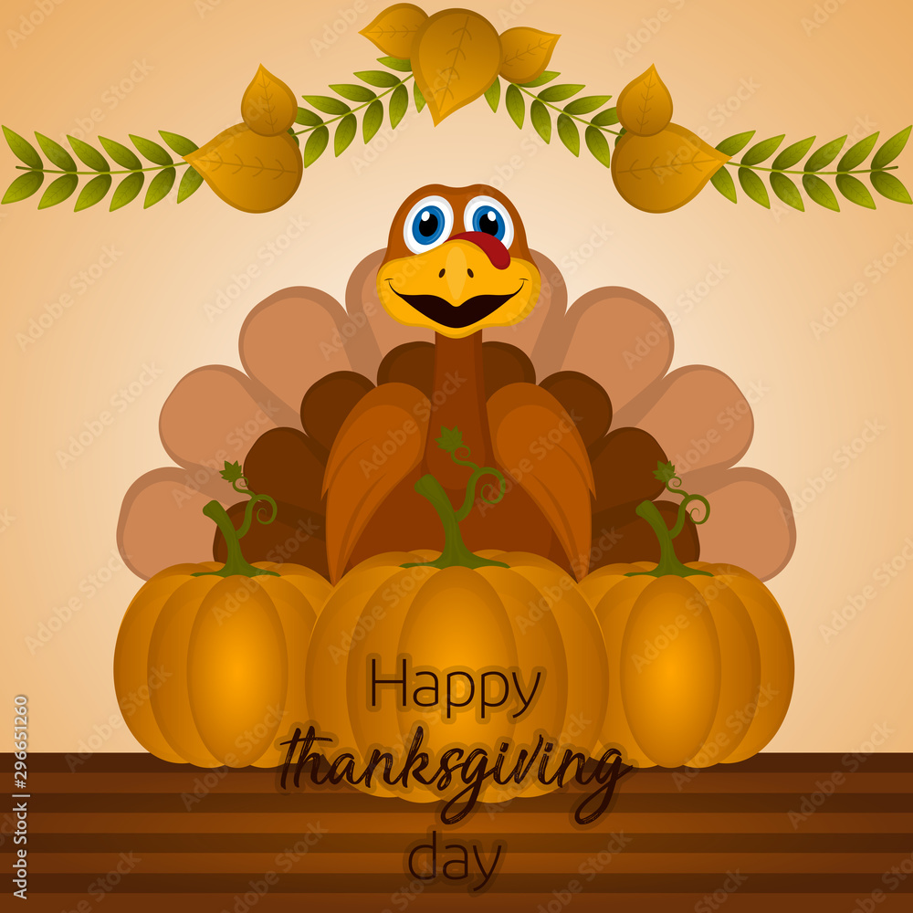 Happy thanksgiving day card with a turkey and pumpkins - Vector Happy thanksgiving day card with a turkey and pumpkins - Vector