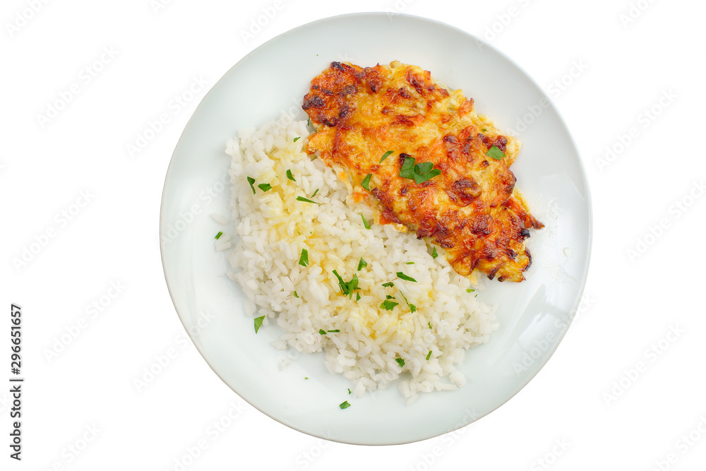 schnitzel with rice and butter on white background schnitzel with rice and butter on white background