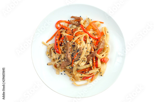 Udon with beef and pepper in teriyaki sauce