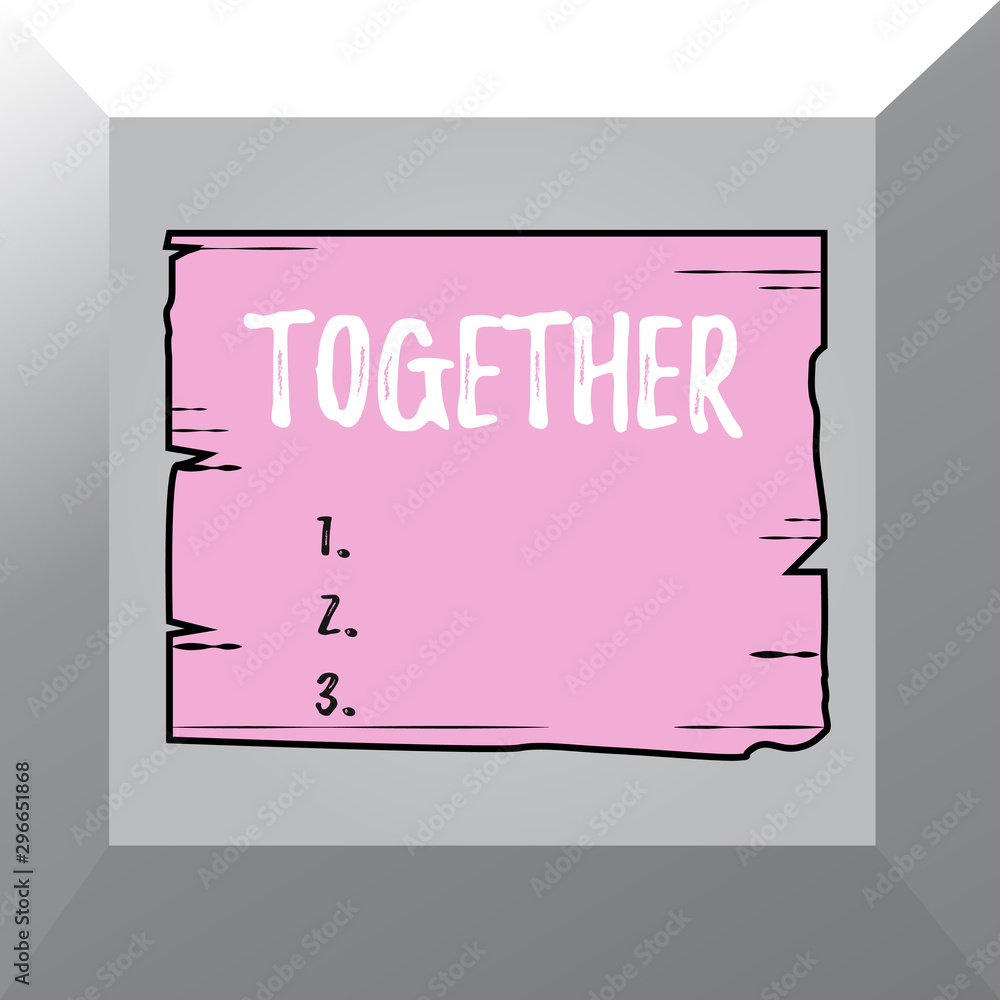 Conceptual hand writing showing Together. Concept meaning In proximity,union or collison with another demonstrating or things Wooden plank slots grooves wood panel colored board lumber Conceptual hand writing showing Together. Concept meaning In proximity,union or collison with another demonstrating or things Wooden plank slots grooves wood panel colored board lumber