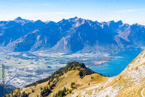 Panoramic view of Swiss Alps from top of Rochers-de-Naye  near Montreux  Canton of Vaud  Switzerland.