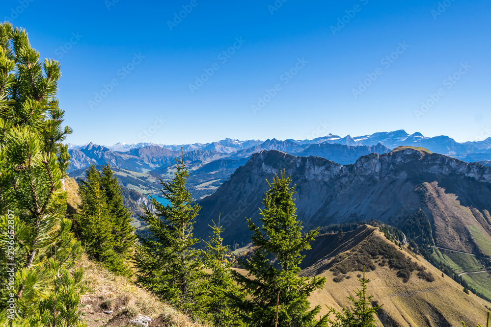 Panoramic view of Swiss Alps from top of Rochers-de-Naye, near Montreux, Canton of Vaud, Switzerland.