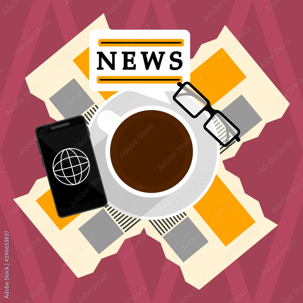 Newspaper with a coffee cup, glasses and smartphone. News concept- Vector Newspaper with a coffee cup, glasses and smartphone. News concept- Vector
