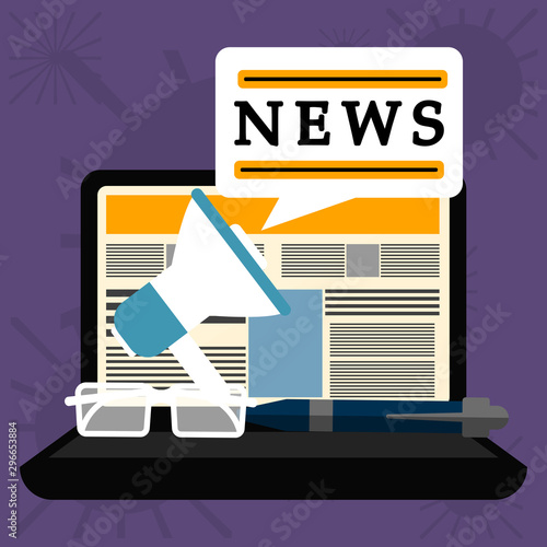 News in a laptop screen with a megaphone, glasses and pen. News concept- Vector