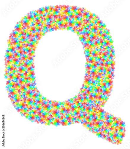 Alphabet symbol letter Q composed of colorful glass flowers