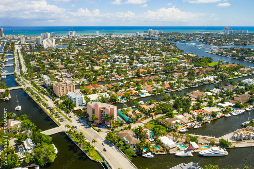 Aerial photo Las Olas Fort Lauderdale Florida luxury neighborhoods with waterfront island homes