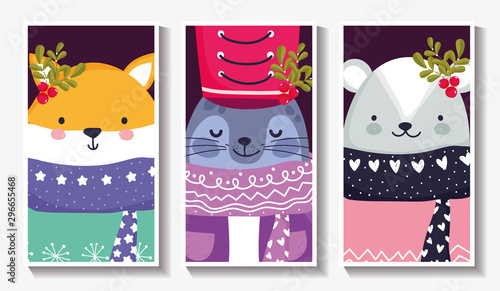 cute animals with warm sweater and holly berry merry christmas cards