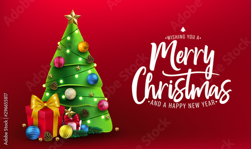 Christmas Banner. Xmas Decorative Design with Christmas Tree, Gifts, Balls, Star, Pine Cone and Lights in Red Background Greeting Card with Merry Christmas Typography Lettering Message