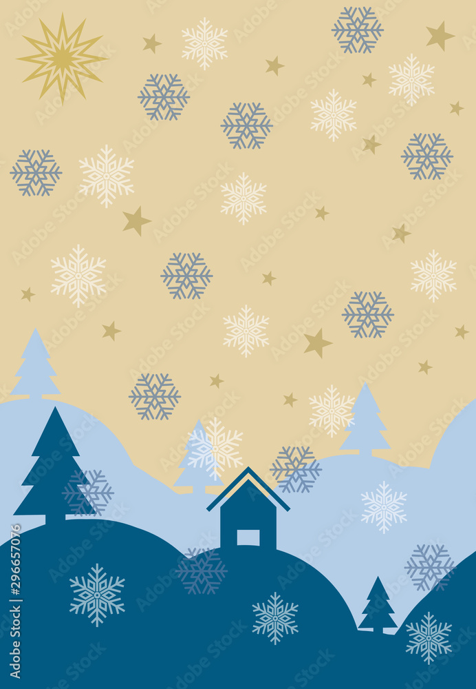 winter landscape with houses and christmas trees snowflakes