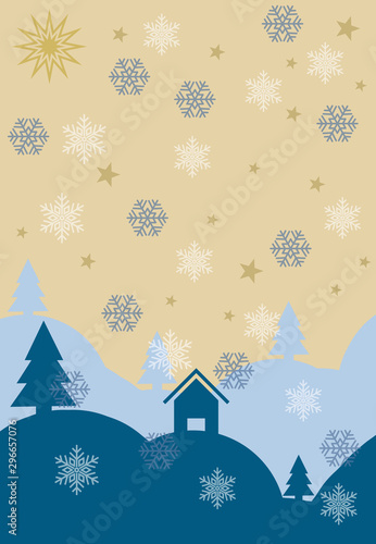 winter landscape with houses and christmas trees snowflakes © Vialin