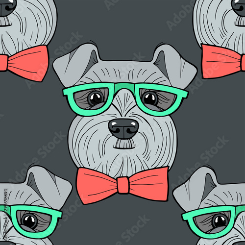 Cute hipster hand drawn vector seamless pattern sketching of schnauzer. Use for postcards, print for t-shirts, textile. Realistic animal portrait.