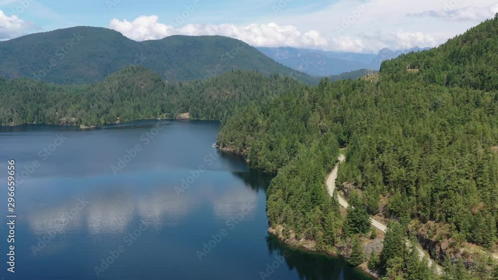 Aerial View at Mountain Lake with Blue Sky in British Columbia, Canada. 4K. Aerial View at Mountain Lake with Blue Sky in British Columbia, Canada. 4K.