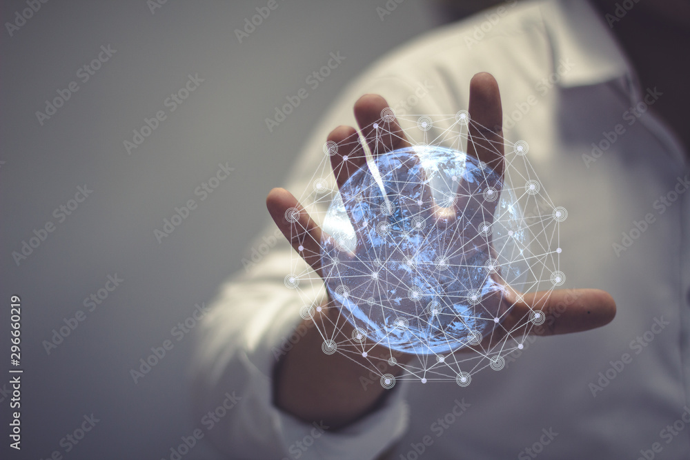 Media worldwide technology concept and Businessman hands carrying world map - rule the world, world domination concepts etc of this image furnished by NASA - obrazy, fototapety, plakaty 