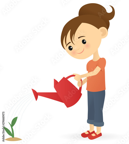 Little girl watering a plant