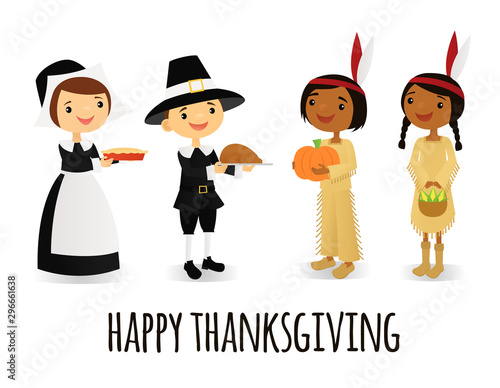 Thanksgiving pilgrims and native Americans photo