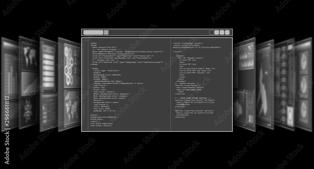 Hologram screen displaying HTML codes in black background overlay ...